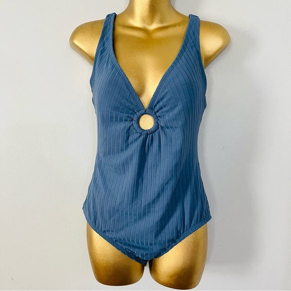 Kona Sol Ribbed Cutout One Piece Swimsuit – Sage Blue – Medium - Picture 5 of 6